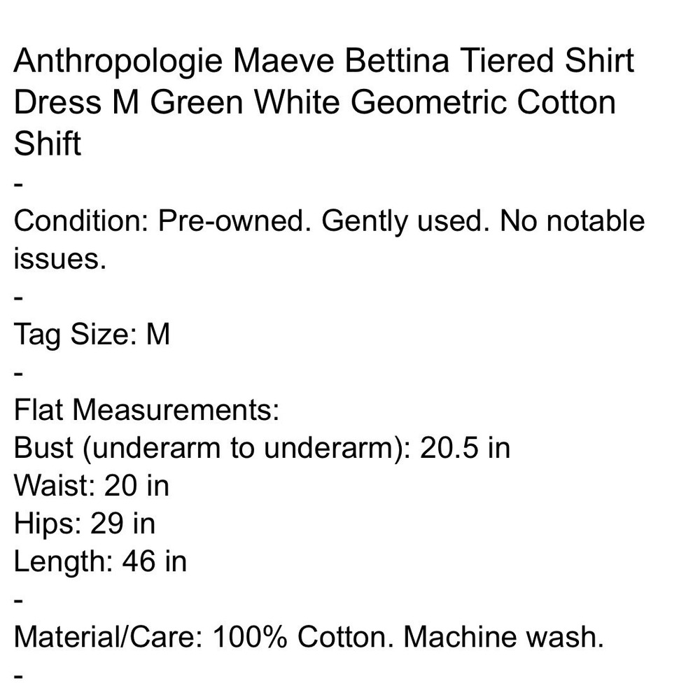 Anthropologie Maeve Bettina Tiered Shirt Dress M Green White Geometric Cotton - Picture 12 of 12